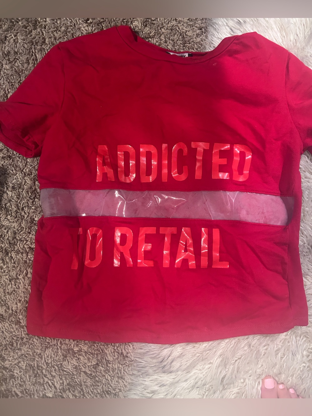 Fashion Nova Red 'Addicted to Retail' Mesh-Trim Crop Top